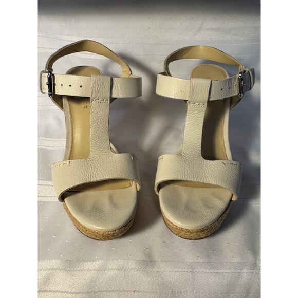 Marc Fisher Cream Leather Espadrille Wedge Sandals Women’s 6.5M Adjustable Strap - Picture 2 of 8